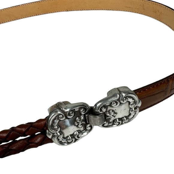 Vintage 90s Western Brown Leather Braided Double Tie Belt M/L Silver Croc New